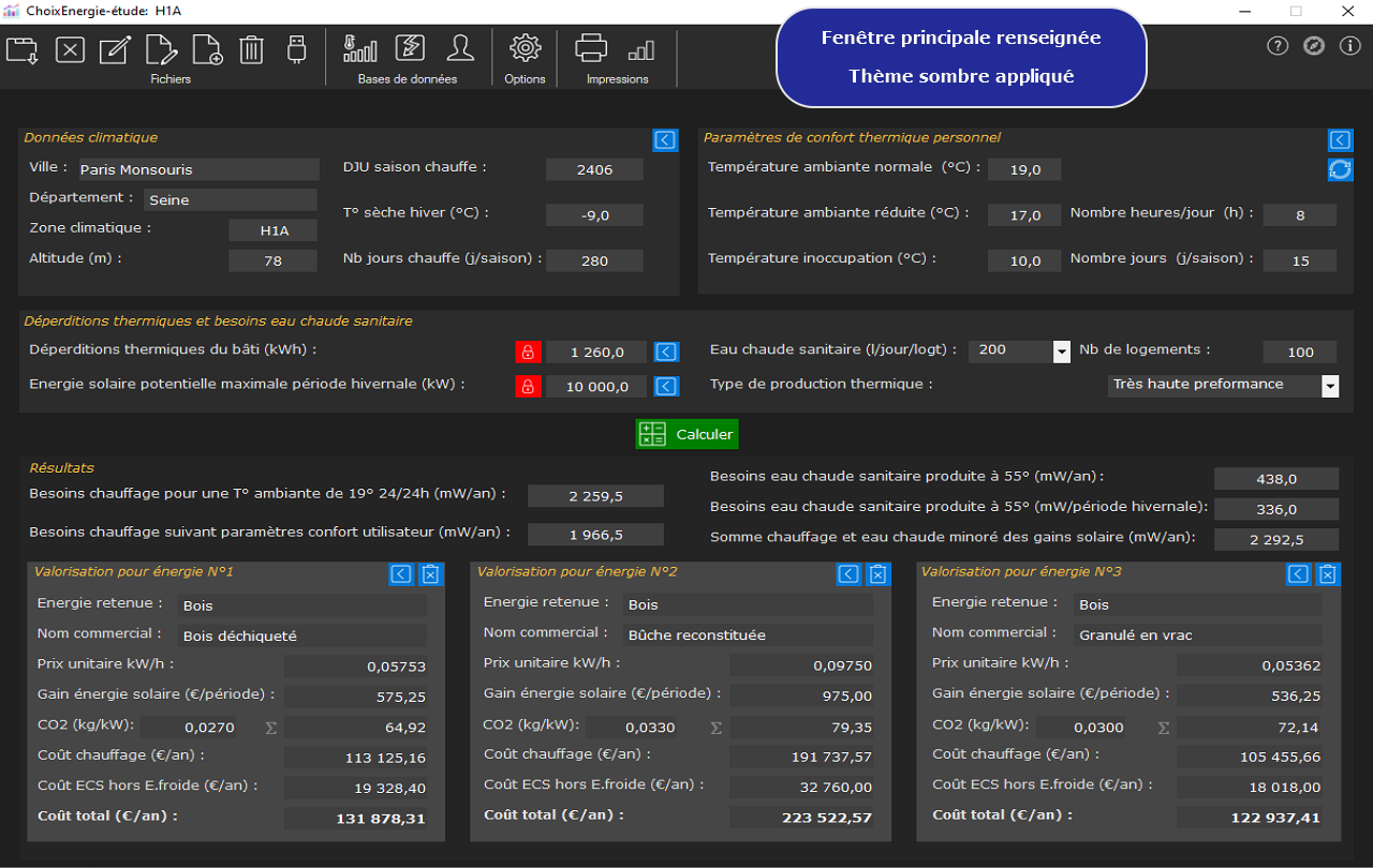 Réalisation de bilans comparatifs en énergie - L'interface principale'